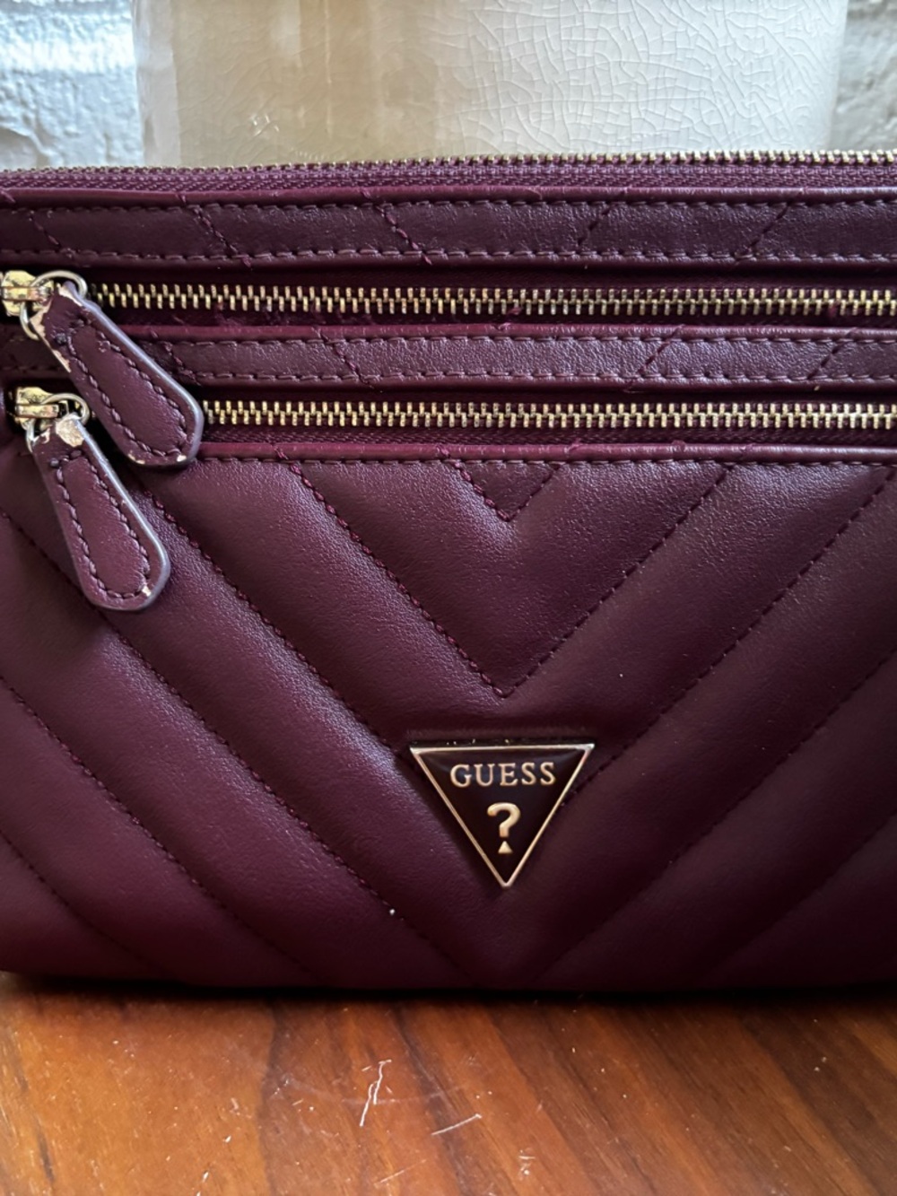 GUESS Quilted Crossbody Bag in Plum with Gold Hardware